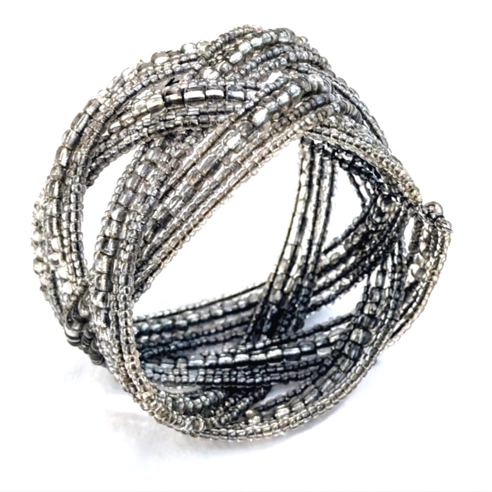 Boho Silver Grey Glass Bead Flex Cuff Bracelet